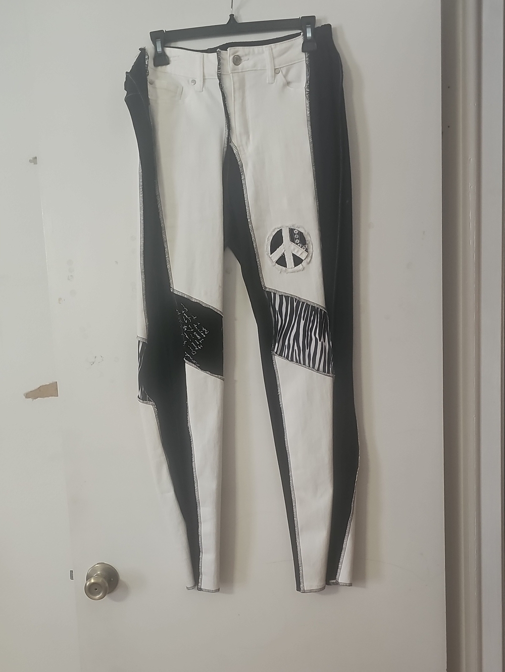 Black & White Patchwork Skinny Jeans with Peace Sign Detail - Handmade In LA
